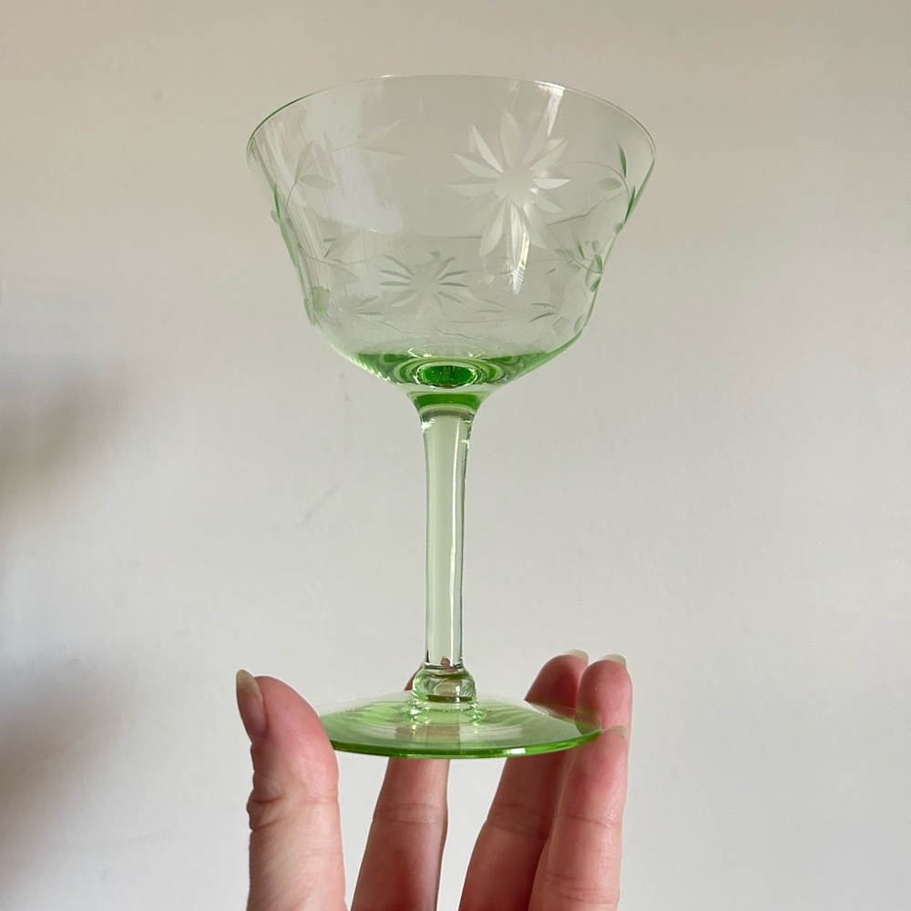 Elegant Uranium / Vaseline Etched Glass Coupe